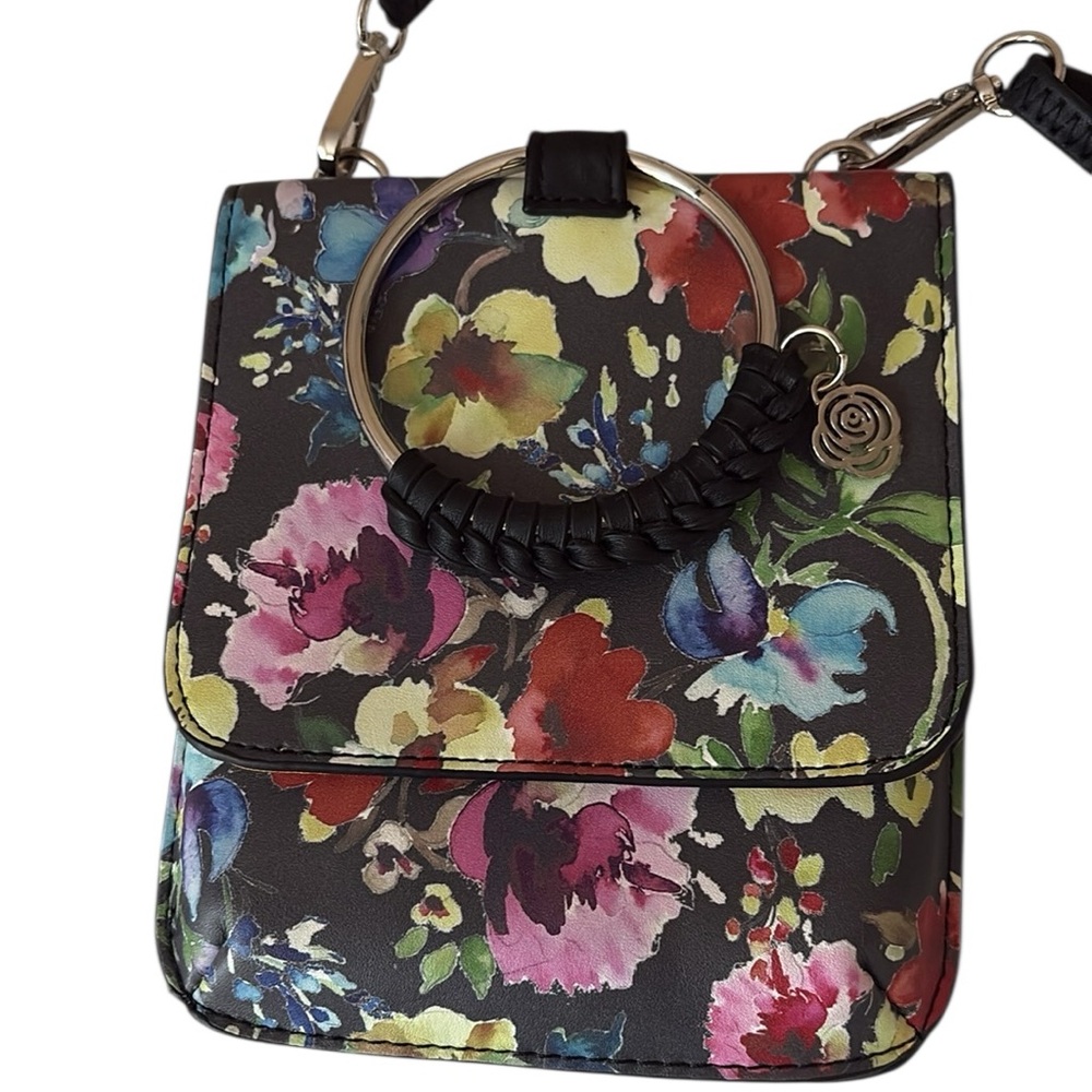 Carlos Santana Floral Crossbody, Black with pink/white, 7x6, sliver loop handle